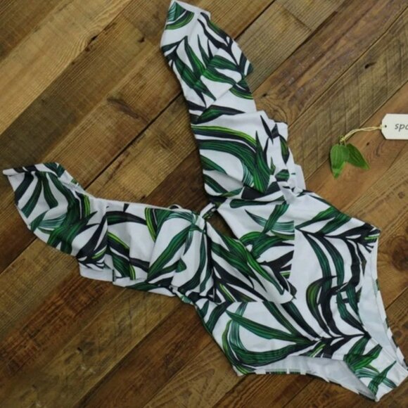 New Tropical Print Plunge Front One Piece Swimsuit - Picture 4 of 5